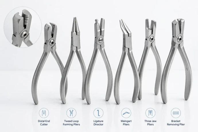 Orthodontic pliers set including distal end cutter, Tweed loop forming pliers, ligature director, Weingart pliers, three jaw pliers, and bracket removing plier