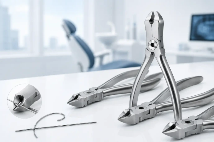 Orthodontic cutters made from stainless steel displayed in a modern dental clinic setting
