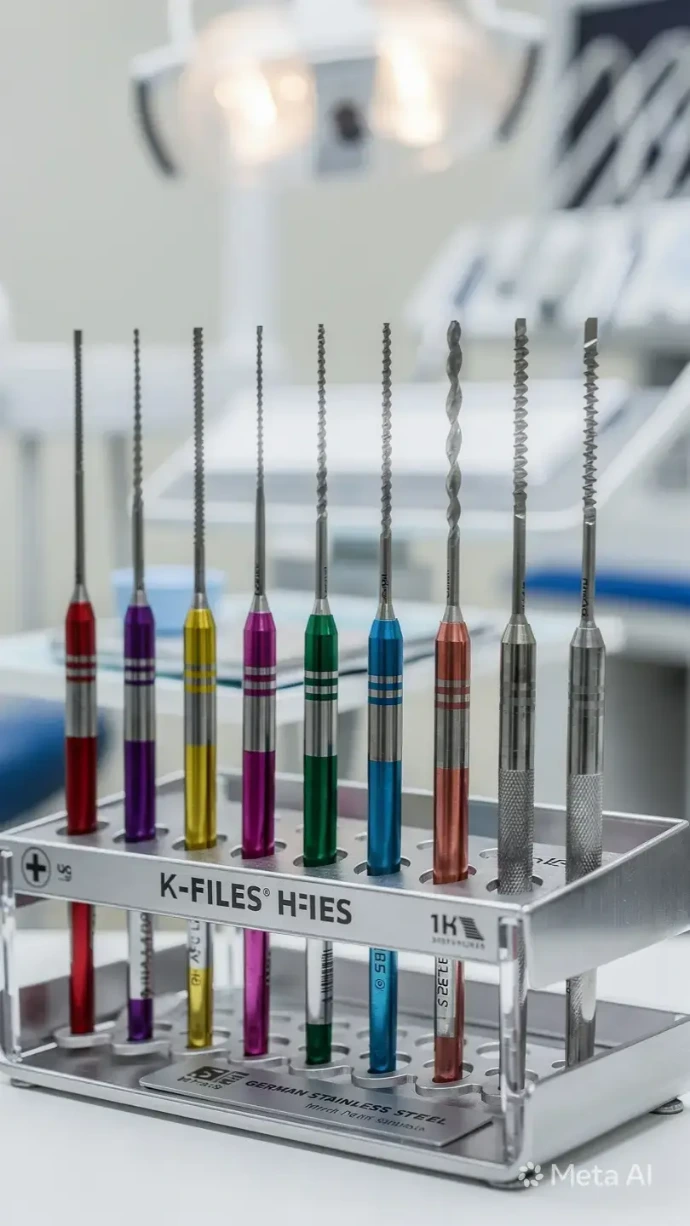 Color-coded German stainless steel dental K-Files and H-Files with precision fluted tips in sterile endodontic tray