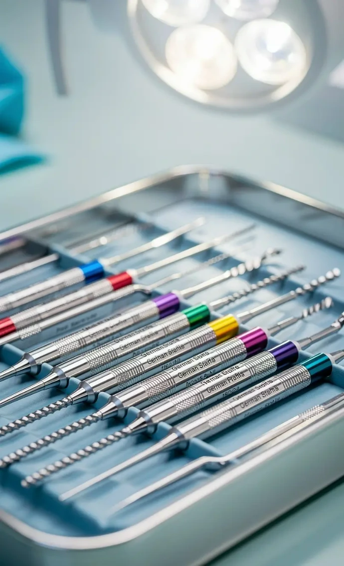 German stainless steel dental root canal reamers with color-coded handles arranged in sterile endodontic tray