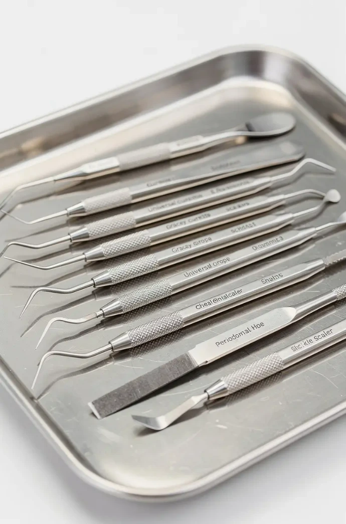 Dental periodontal instruments range including scalers, curettes, probes, and periodontal tools