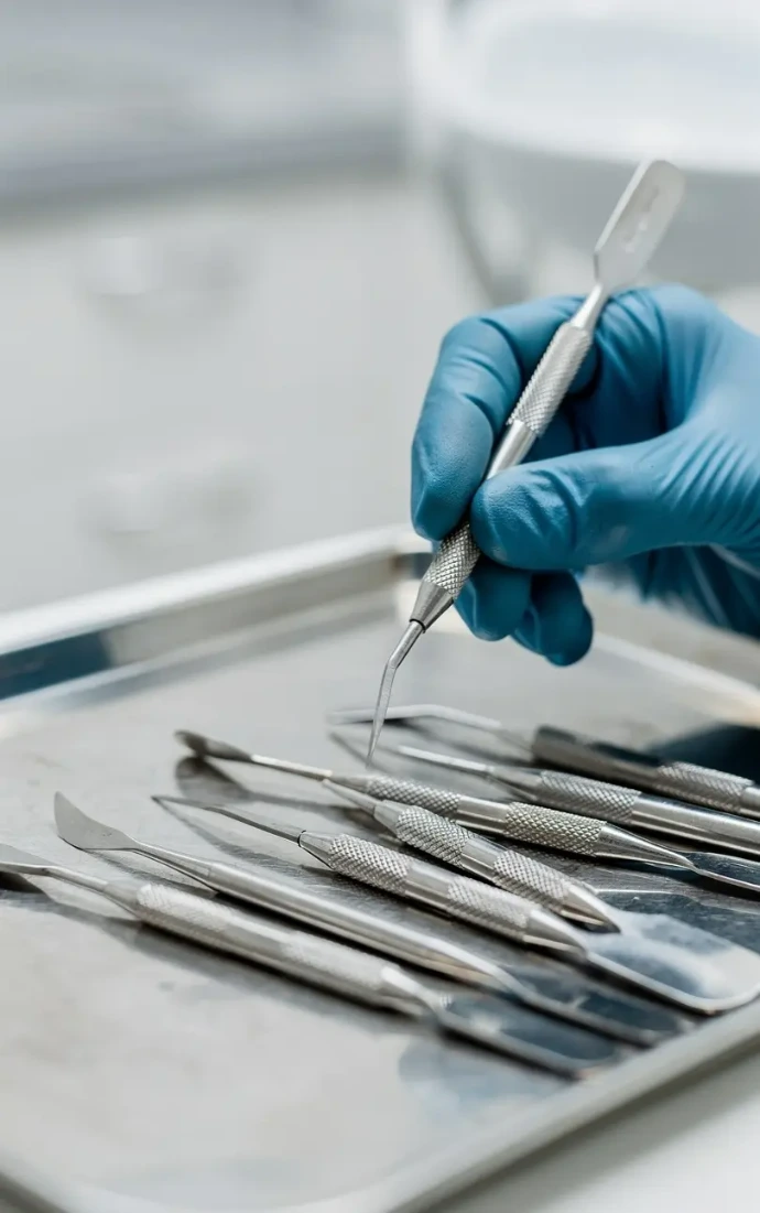 Dentist using dental sickle scalers for plaque and calculus removal during periodontal treatment