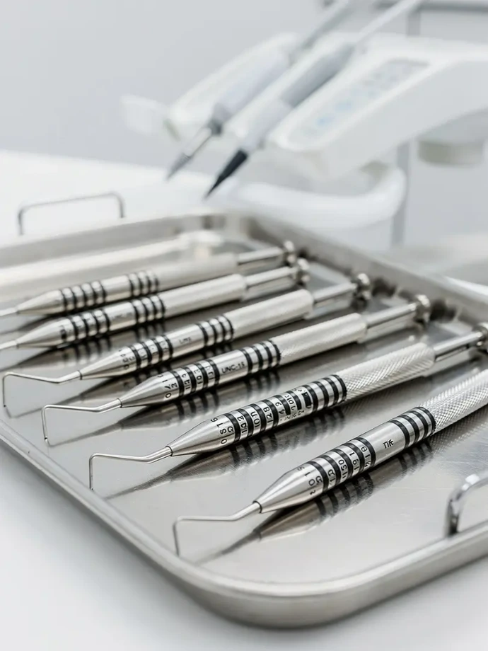 Dental periodontal probes used by a dentist for measuring gum pocket depth during periodontal examination