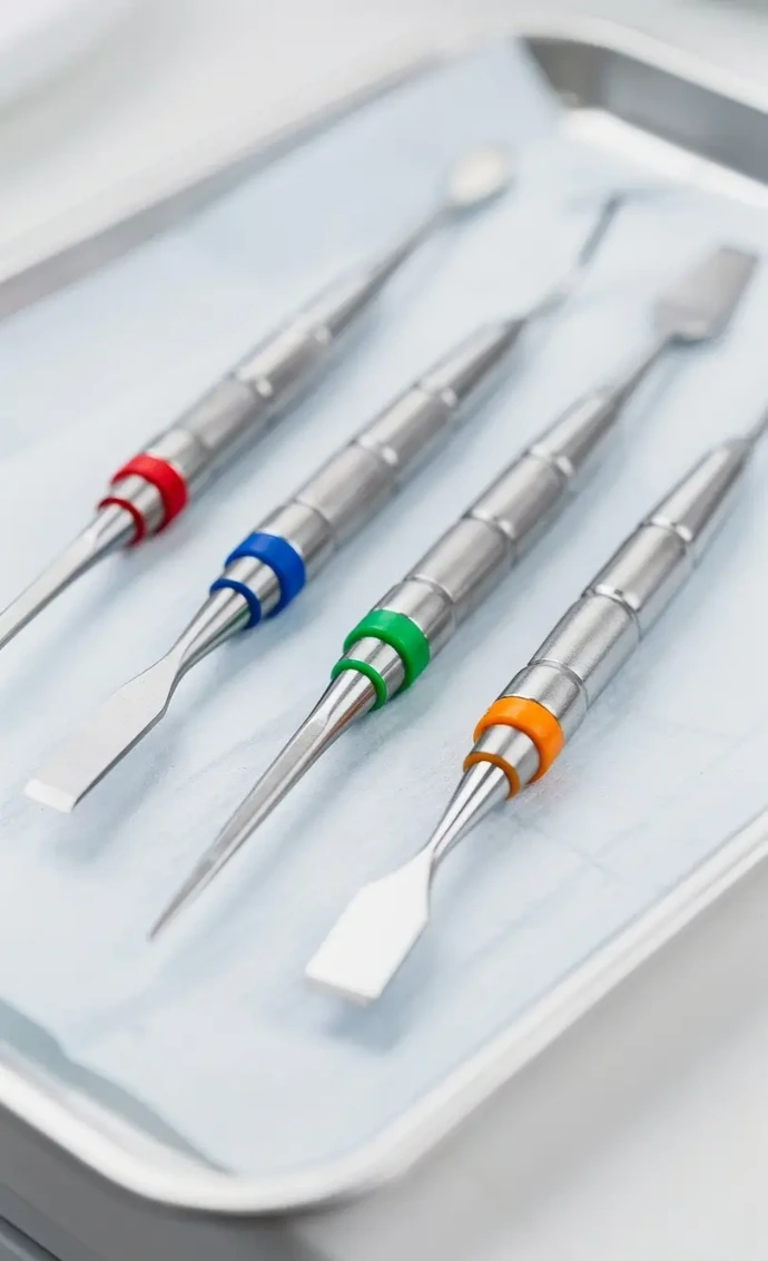 Stainless steel periodontal chisels organized in a clinical tray for dental surgery and bone contouring