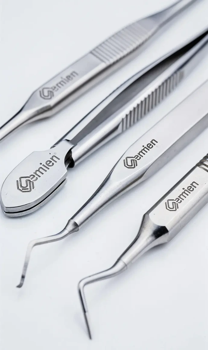 Close-up of custom logo engraving on stainless steel dental instruments for branding and OEM manufacturing by Bismed Dental