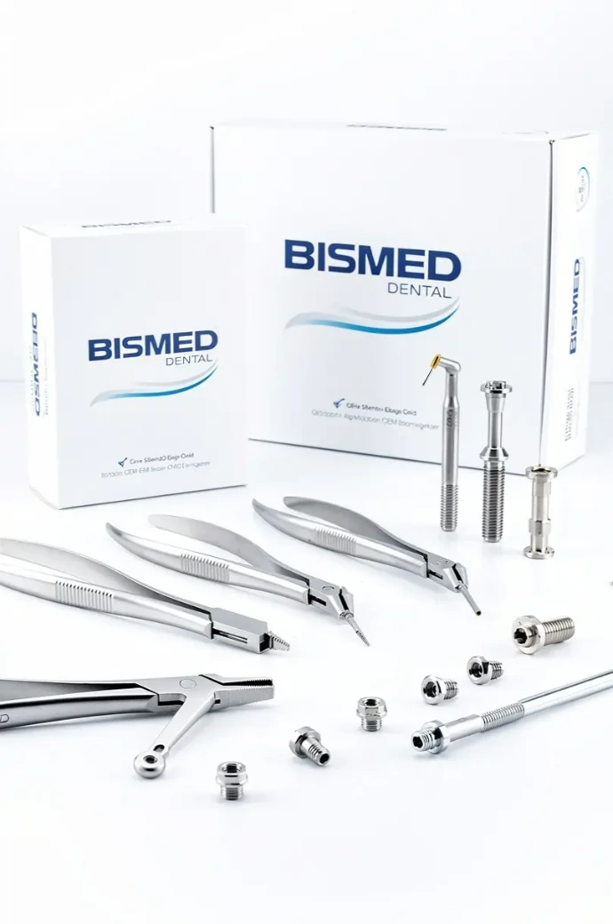 Custom branded packaging design for dental instruments showing professional OEM and private label packaging by Bismed Dental