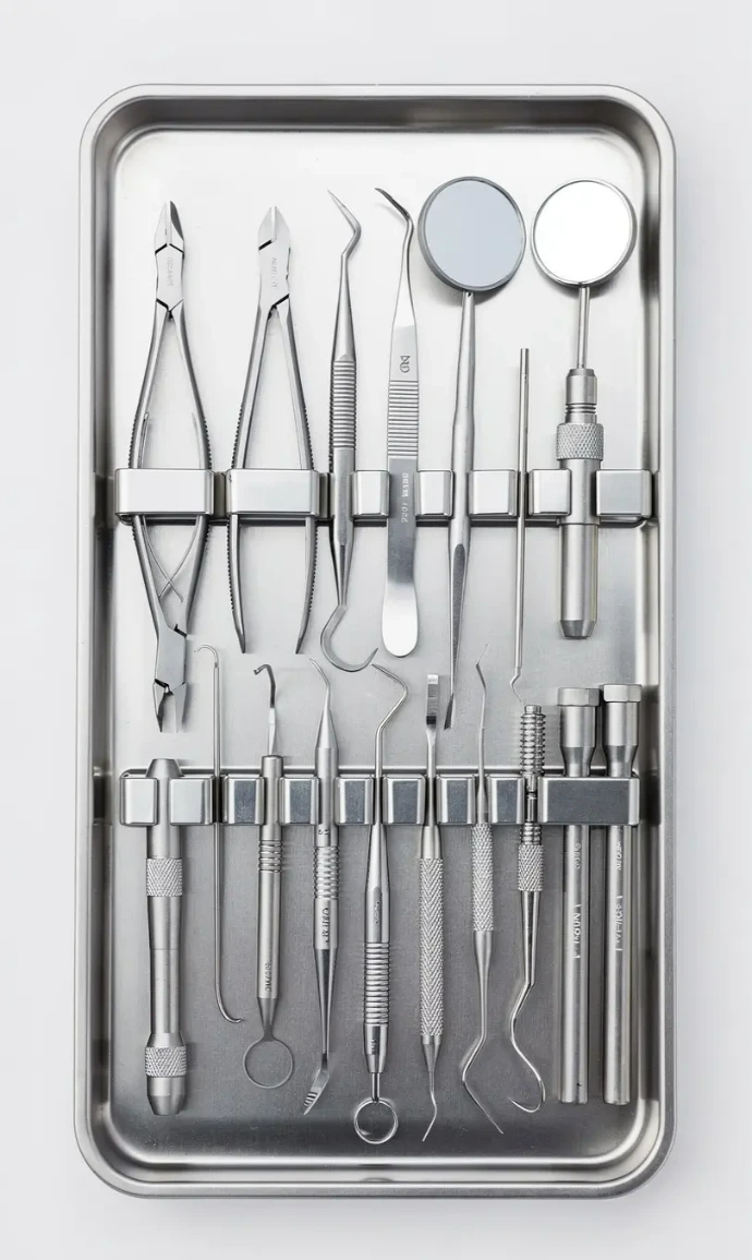 Complete dental instrument set assembled in a sterilization tray ready for autoclave processing by Bismed Dental