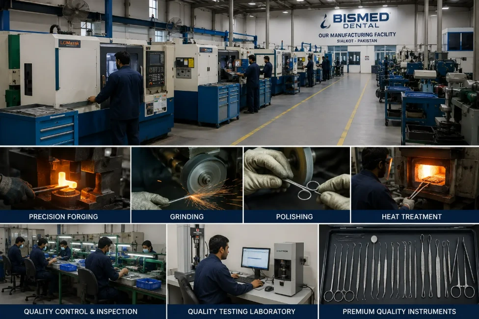 Modern surgical and dental instrument manufacturing facility in Sialkot Pakistan with CNC machining, forging, polishing, and quality control operations