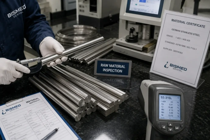 Inspection of German stainless steel raw materials for dental instrument manufacturing with precision testing equipment