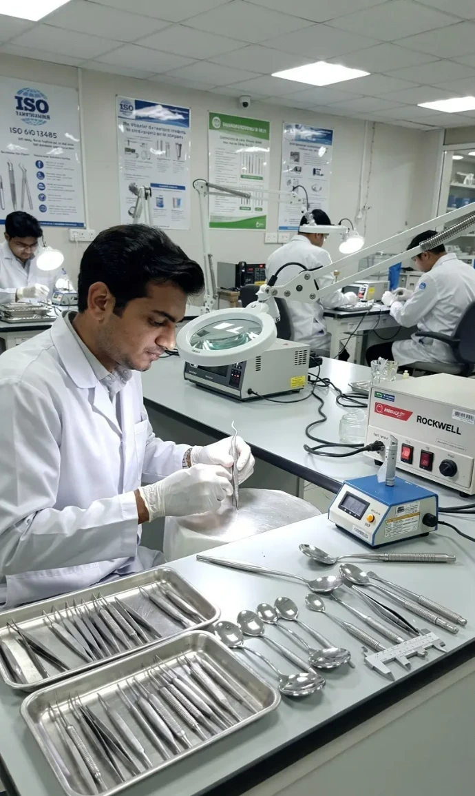 Quality inspection and testing of dental instruments using precision measurement tools to ensure accuracy, performance, and compliance standards