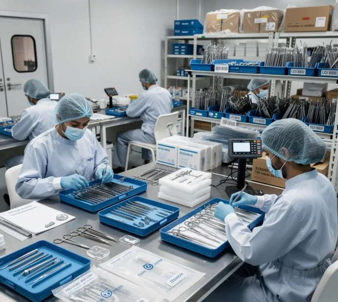Assembly of complete dental instrument sets including cassette kits, pouch sets, and custom packaged solutions for clinics and distributors