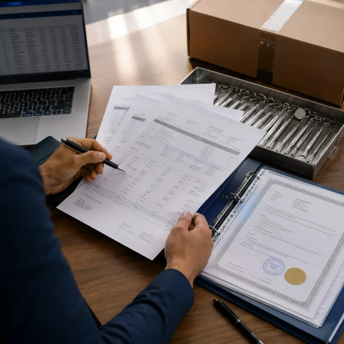 Export documentation and compliance paperwork for dental instrument shipments prepared for international delivery