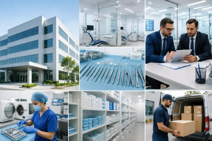 Dental clinic group and hospital supply solutions with organized instrument sets, centralized inventory, and multi-location delivery support
