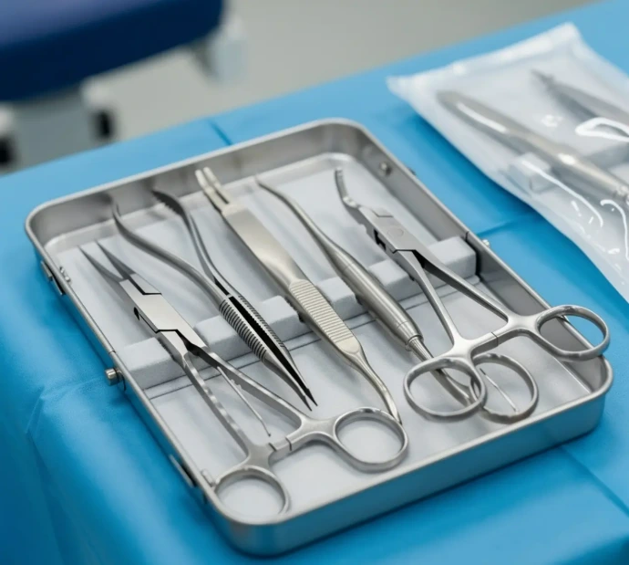 Complete surgical extraction instrument set with dental forceps, elevators, luxators, and scissors for oral surgery procedures