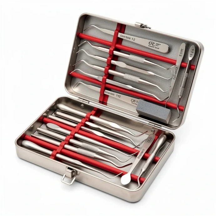 Complete periodontal scaling instrument set with Gracey curettes, scalers, probes, and sharpening tools for periodontal therapy procedures