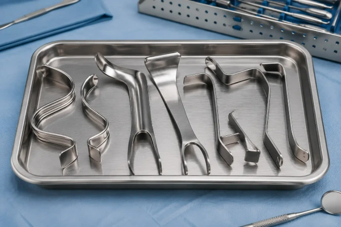 Dental retractors including cheek retractors, tongue retractors, and tissue retractors arranged on a sterile surgical tray for oral procedures