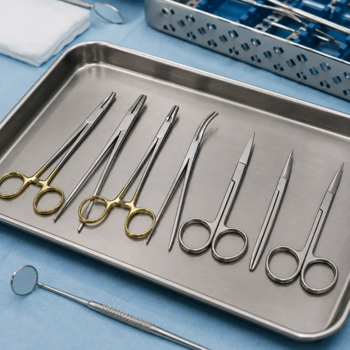 Mayo-Hegar needle holders and surgical scissors arranged on a sterile tray for oral surgery and dental suturing procedures