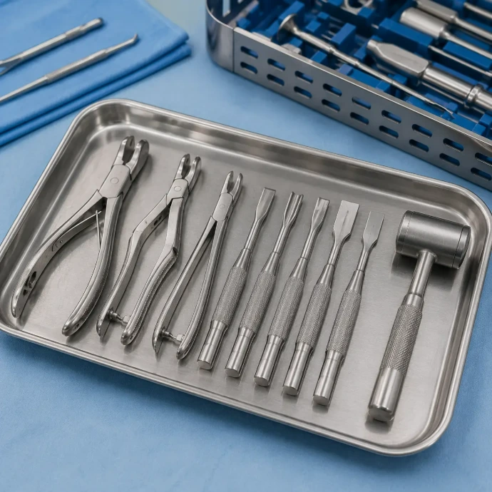 Bone rongeurs, surgical chisels, and mallets arranged on a sterile tray for alveolar bone surgery and dental implant preparation