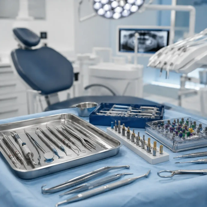 Comprehensive range of dental implant instruments arranged in a modern clinical environment for implantology and oral surgery procedures