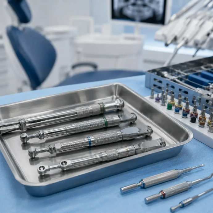 Dental implant torque wrenches and implant driver instruments arranged in a modern clinical setting for precise implant placement procedures