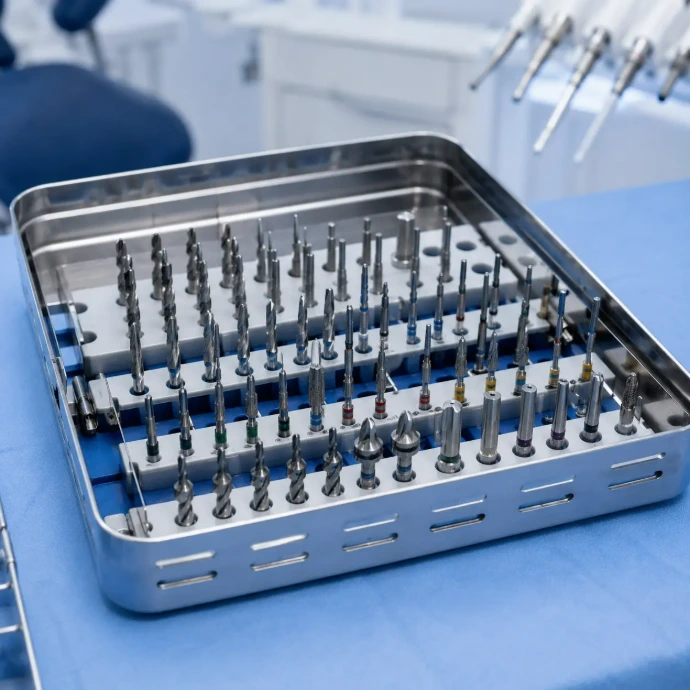 Dental implant drills, twist drills, and countersink burs organized in a sterile surgical tray for implant site preparation procedures