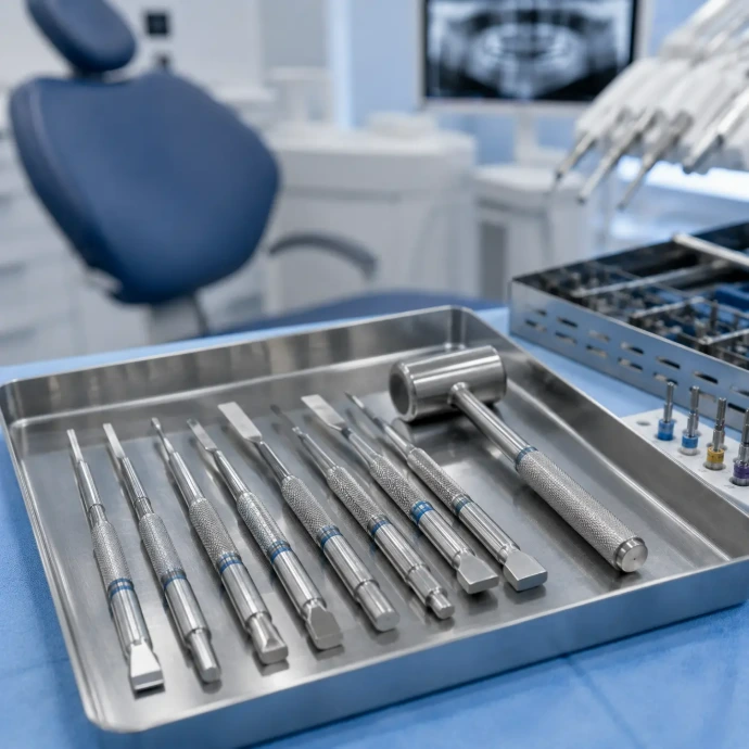 Bone chisels, osteotomes, and surgical mallets arranged on a sterile tray for ridge expansion and alveolar bone surgery procedures
