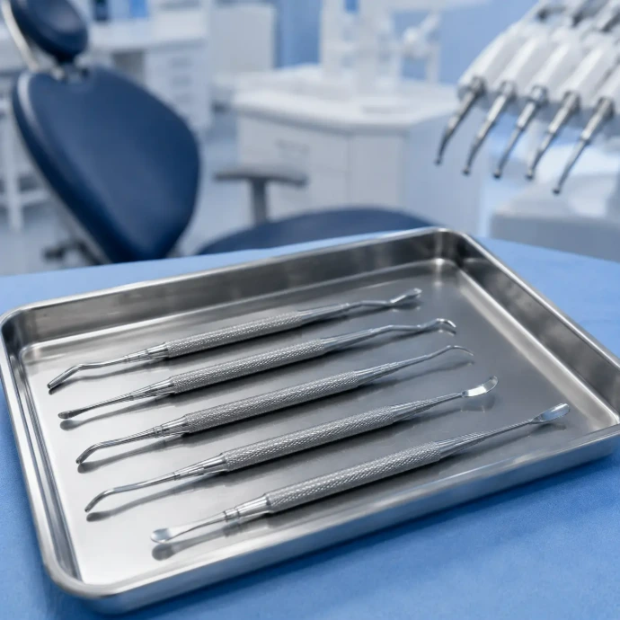 Periosteal elevators including Molt, Freer, and Prichard patterns arranged on a sterile tray in a modern dental surgery clinic
