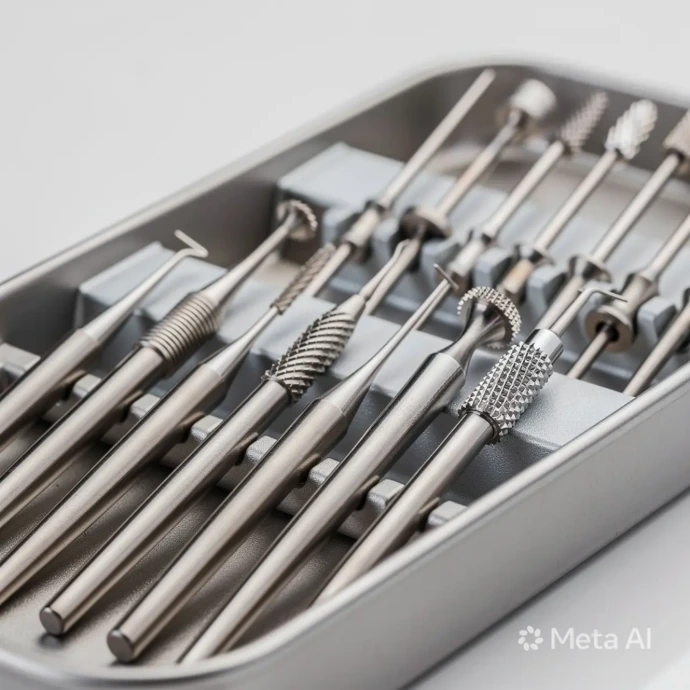 Tissue punches and trephine burs arranged in a sterile surgical tray for flapless implant surgery and bone core harvesting procedures