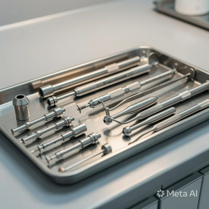 Dental implant placement accessories including implant drivers, carriers, healing abutment tools, and surgical kit components for complete implant procedures