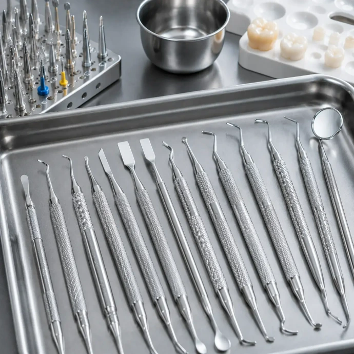 Restorative dental instruments arranged on a sterile tray for restorative and cosmetic dental procedures
