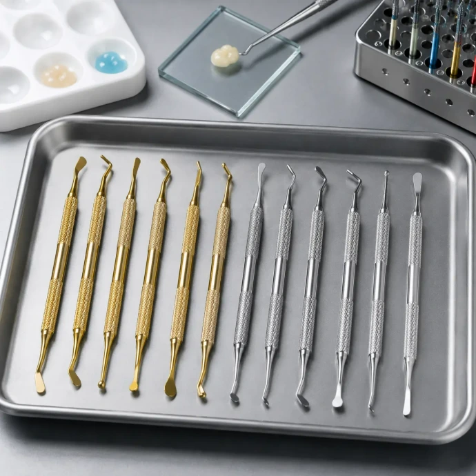 Composite dental instruments including composite placement tools, condensers, and spatulas in titanium coated and stainless steel finishes