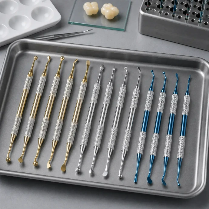 Dental burnishers including ball, beaver tail, and acorn burnishers for contouring and smoothing restorative materials