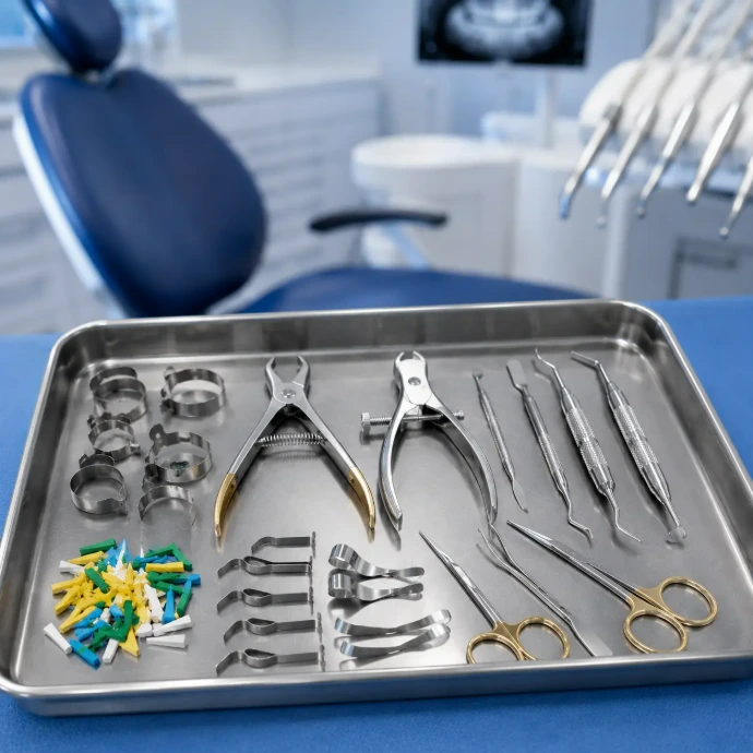 Matrix retainers, wedges, sectional matrices, and restorative placement instruments arranged on a sterile dental tray