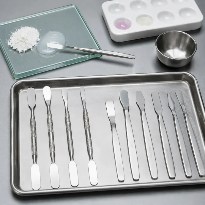 Dental mixing spatulas, impression spatulas, and glass mixing slabs used for preparing cements and impression materials in restorative dentistry