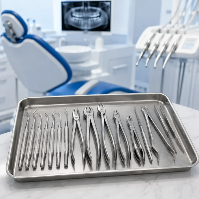 Comprehensive dental extraction instrument set including extraction forceps, elevators, luxators, and tweezers displayed in a modern dental clinic environment