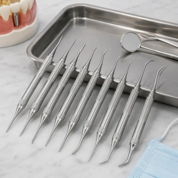 Straight and curved dental luxators arranged on a clinical table for periodontal ligament severing and minimally invasive tooth extraction procedures