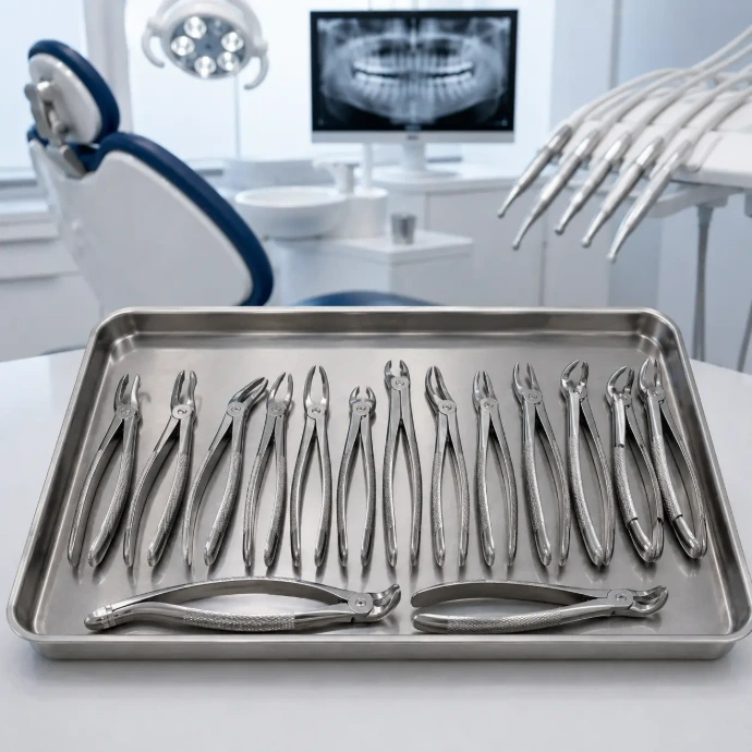 Dental extraction forceps for upper and lower teeth arranged on a sterile tray in a modern hospital dental surgery environment