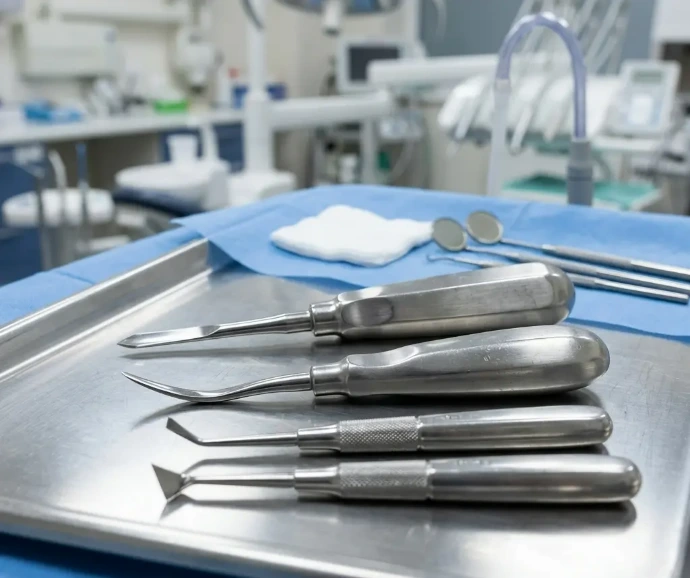 Straight, curved, and Cryer dental elevators arranged on a sterile tray in a modern hospital dental surgery environment