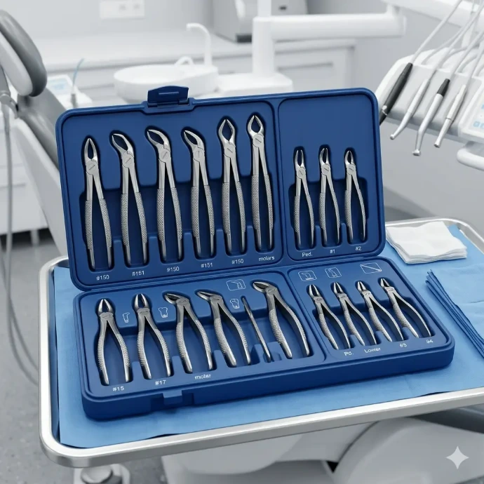 Complete dental extraction forceps sets including upper and lower forceps arranged in organized surgical packaging for oral surgery procedures