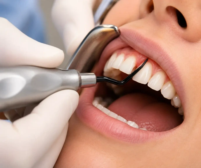 Dental elevator instrument in use during a professional tooth extraction procedure