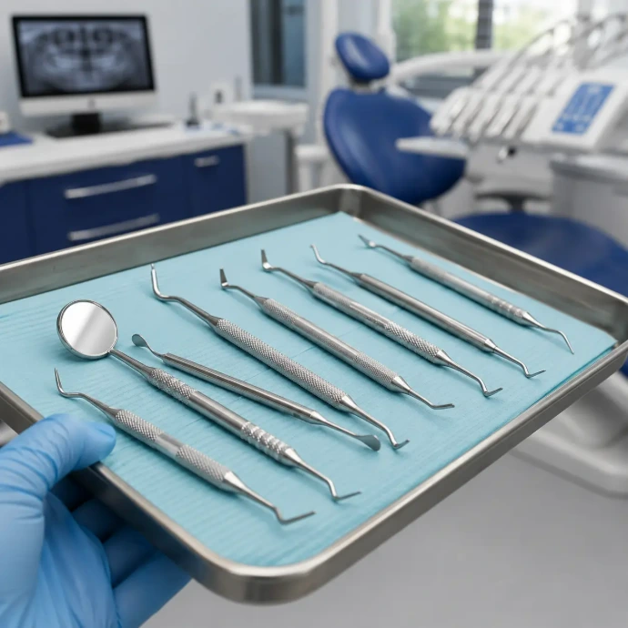 Dental scalers and curettes arranged on a tray inside a modern dental clinic